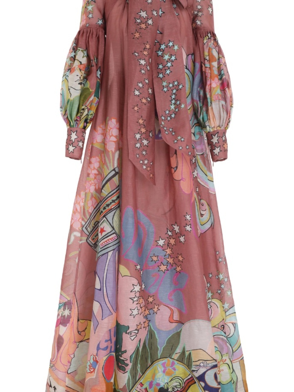 Printed Mauve Maxi Dress with Balloon Sleeves